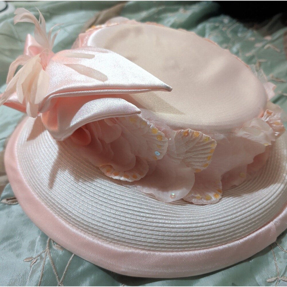 Whittall Shon Pink Derby Hat Bow Sequin Feather Woven Vintage Style - Picture 8 of 16